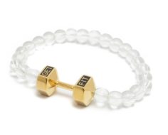 gold dumbbell bracelet with white beads