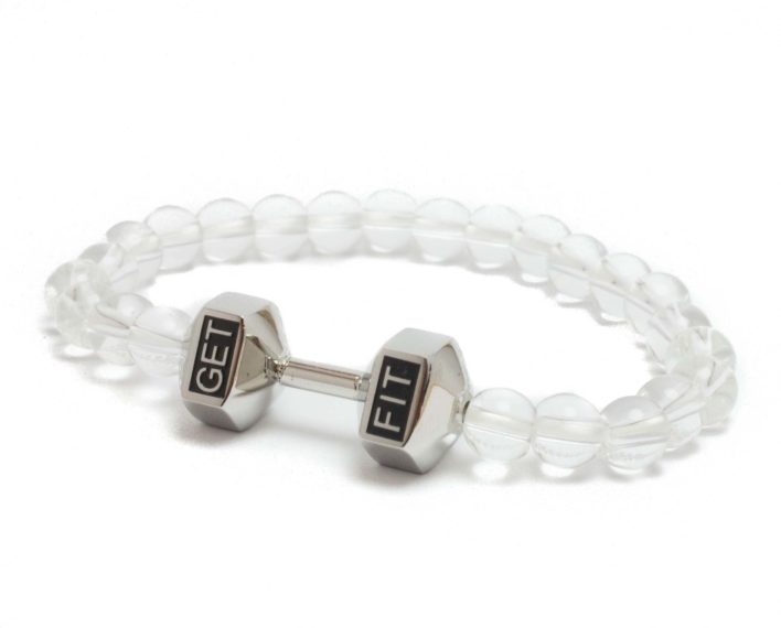 silver dumbbell bracelet with white beads